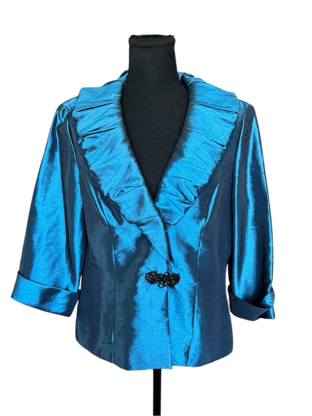 Alex Evenings in XL Teal Blue Ruffle Collar Jeweled Clasp Evening Jacket Party